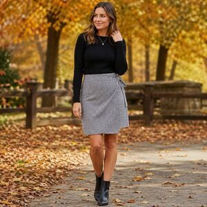 J.Jill Black + White Gingham Pull-On Stretch Faux Wrap Medi Skirt Women Size XS